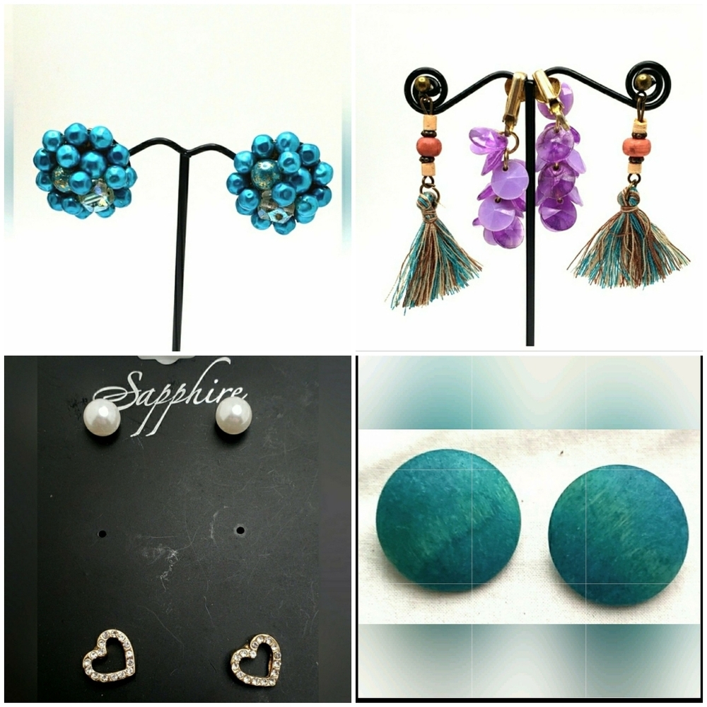 6 pc Lot Vintage Earrings 60s Clip On Teal Blue 80s Purple Boho Fringe VL5